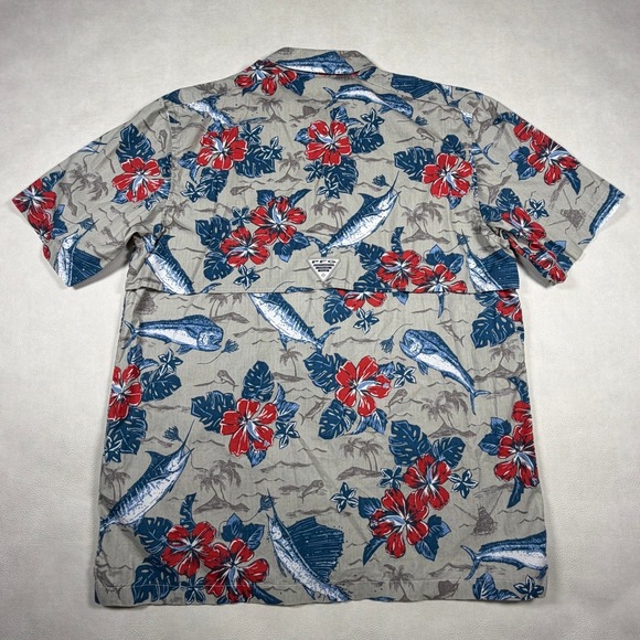 Columbia PFG Mens Medium Marlin Mahi Hibiscus Tropical Fishing Shirt Blue Red - Picture 7 of 8